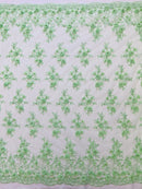 3D Embroidered Floral Fabric - Mint - 3D Rhinestone and Sequins Floral Fabric Sold By Yard