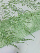 Heart & Feather Pattern Fabric - Mint - Embroidered Elegant Design with Beads Mesh Fabric Sold By Yard