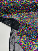 Multi-Color Rainbow on Black - 4 Way Stretch Embroidered Royalty Sequins Design Fabric By Yard