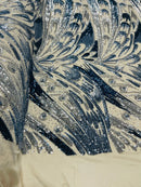 Multi-Color Sequins Design - Navy Blue / Silver - 4 Way Stretch Sequins Fabric By The Yard