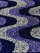 Wavy Line Velvet Sequins - Navy / White / Lilac - 2 Way Stretch Fabric 58/60” By Yard