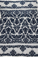 Beaded My Lady Damask Design - Navy Blue - Beaded Fancy Damask Embroidered Fabric By Yard