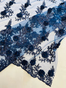 3D Flower Cluster Fabric - Navy Blue - 3D Flower Leaf Design Fabric with Pearls Sold By Yard