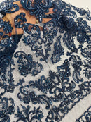 Beaded My Lady Damask Design - Navy Blue - Beaded Fancy Damask Embroidered Fabric By Yard
