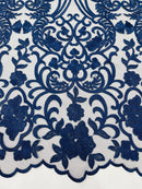 Fancy Damask Lace Fabric - Navy Blue - Embroidered Damask Design Mesh on Lace Fabric by Yard