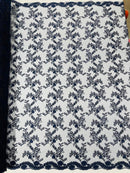 Floral Sequins Lace Fabric - Navy Blue - Embroidery Flower Clusters Design with Shiny Sequins  Fabric Sold By Yard