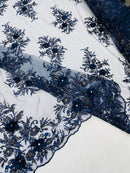 3D Floral Rhinestone Fabric - Navy Blue - Beaded Flower Clusters with Rhinestones and Sequins By Yard