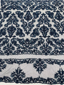 Beaded My Lady Damask Design - Navy Blue - Beaded Fancy Damask Embroidered Fabric By Yard