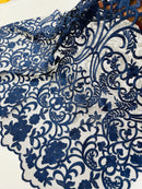 Fancy Damask Lace Fabric - Navy Blue - Embroidered Damask Design Mesh on Lace Fabric by Yard