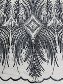 Beaded Lines Fabric - Navy Blue - Luxury Beads and Sequins Line Design Fabric By Yard