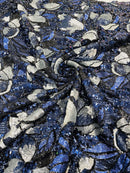 Orchid Design Sequins - Navy Blue - 4 Way Stretch Full Sequins Floral Design Mesh Fabric By Yard