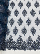 Heavy Beaded Floral Fabric - Navy Blue - Luxury Heavy Duty Bead Bridal Floral Cluster Lace Fabric by the yard