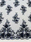 3D Floral Rhinestone Fabric - Navy Blue - Beaded Flower Clusters with Rhinestones and Sequins By Yard