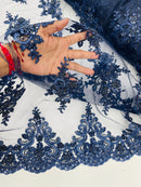 Beaded Floral Fabric - Navy Blue - Floral Cluster Design Fabric with Damask Border by Yard