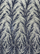 Leaf Design Stretch Sequins - Navy Blue - 4 Way Stretch Lace Mesh Sequins Fabric by Yard