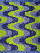 Wavy Line Velvet Sequins - Neon Lime / Lavender / Clear - Velvet Sequins 2 Way Stretch Fabric 58/60” By Yard