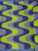 Wavy Line Velvet Sequins - Neon Lime / Lavender / Clear - Velvet Sequins 2 Way Stretch Fabric 58/60” By Yard
