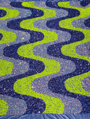 Wavy Line Velvet Sequins - Neon Lime / Lavender / Clear - Velvet Sequins 2 Way Stretch Fabric 58/60” By Yard