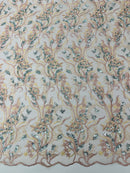 Floral Multi-Color Fabric - Blush / Aqua Sequins - Flower and Leaves Lace Sequins Fabric Sold By Yard