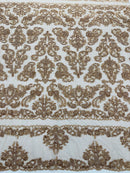 Beaded My Lady Damask Design - Nude - Beaded Fancy Damask Embroidered Fabric By Yard
