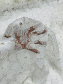 3D Tulle Floral Fabric - Off-White - Flowers Made on Mesh with Small Pearls and Beads Sold By Yard
