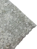 3D Flower Rhinestone Design - Off-White - Embroidered Flower Sequins Lace Fabric By Yard
