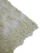 Rhinestone Beaded Fabric - Off-White - Beaded Floral Rhinestone Design with Fancy Border Sold By Yard