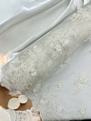 3D Floral Pearl Design - Off-White - Floral Embroidered Pearls and Sequins Fabric By Yard