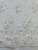 3D Embroidered Floral Fabric - Off-White - 3D Rhinestone and Sequins Floral Fabric Sold By Yard