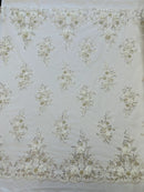 3D Floral Rhinestone Fabric - Off-White - Beaded Flower Clusters with Rhinestones and Sequins By Yard
