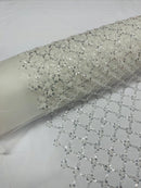 Beaded Diamond Net Fabric - Off-White - Embroidered Geometric Beaded Sequins Fabric Sold By Yard