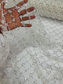 Beaded Diamond Net Fabric - Off-White - Embroidered Geometric Beaded Sequins Fabric Sold By Yard