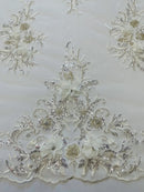3D Floral Rhinestone Fabric - Off-White - Beaded Flower Clusters with Rhinestones and Sequins By Yard