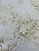 3D Floral Rhinestone Fabric - Off-White - Beaded Flower Clusters with Rhinestones and Sequins By Yard