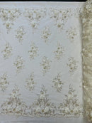 3D Floral Rhinestone Fabric - Off-White - Beaded Flower Clusters with Rhinestones and Sequins By Yard