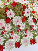 Multi-Color Guipure Lace Design Fabric - Olive/Red/White - Floral Lace Fabric by Yard