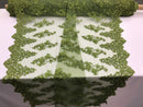 Beaded Floral Fabric - Olive - Embroidered Flower Cluster Beaded Fabric Sold By Yard