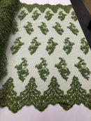 Beaded Floral Fabric - Olive - Embroidered Flower Cluster Beaded Fabric Sold By Yard