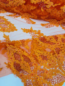 Heavy Bead Floral Fabric - Orange - Beaded Flower Design Fabric Fancy Border By Yard