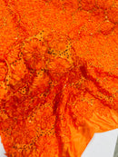 Satin Rosette Sequins Fabric - Orange - 3D Rosette Satin Rose Fabric with Sequins By Yard