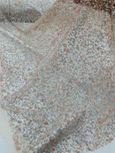 Beads and Sequins Lace - Peach / Silver - Embroidered Beads and Sequins on Lace Mesh Fabric By Yard