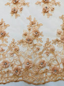 3D Embroidered Floral Fabric - Peach - 3D Rhinestone and Sequins Floral Fabric Sold By Yard