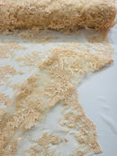 Beaded Flower Sequins Fabric - Peach - Embroidered Beaded Floral Clusters Sequins Fabric By Yard