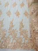 Beaded Rose Flower Fabric - Peach - Embroidered Beaded Long Border Floral Fabric By Yard