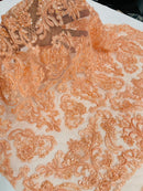 Beaded My Lady Damask Design - Peach - Beaded Fancy Damask Embroidered Fabric By Yard