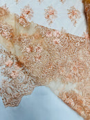 3D Fancy Floral Design Fabric - Peach - 3D Flower Fabric with Small Beads on Lace Sold By Yard