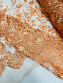 3D Scalloped Border Fabric - Peach - 3D Flowers Embroidered on Lace Sold By Yard