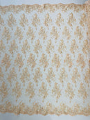 Beaded Flower Sequins Fabric - Peach - Embroidered Beaded Floral Clusters Sequins Fabric By Yard