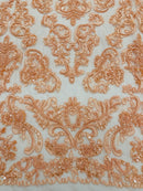 Beaded My Lady Damask Design - Peach - Beaded Fancy Damask Embroidered Fabric By Yard