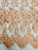 3D Scalloped Border Fabric - Peach - 3D Flowers Embroidered on Lace Sold By Yard